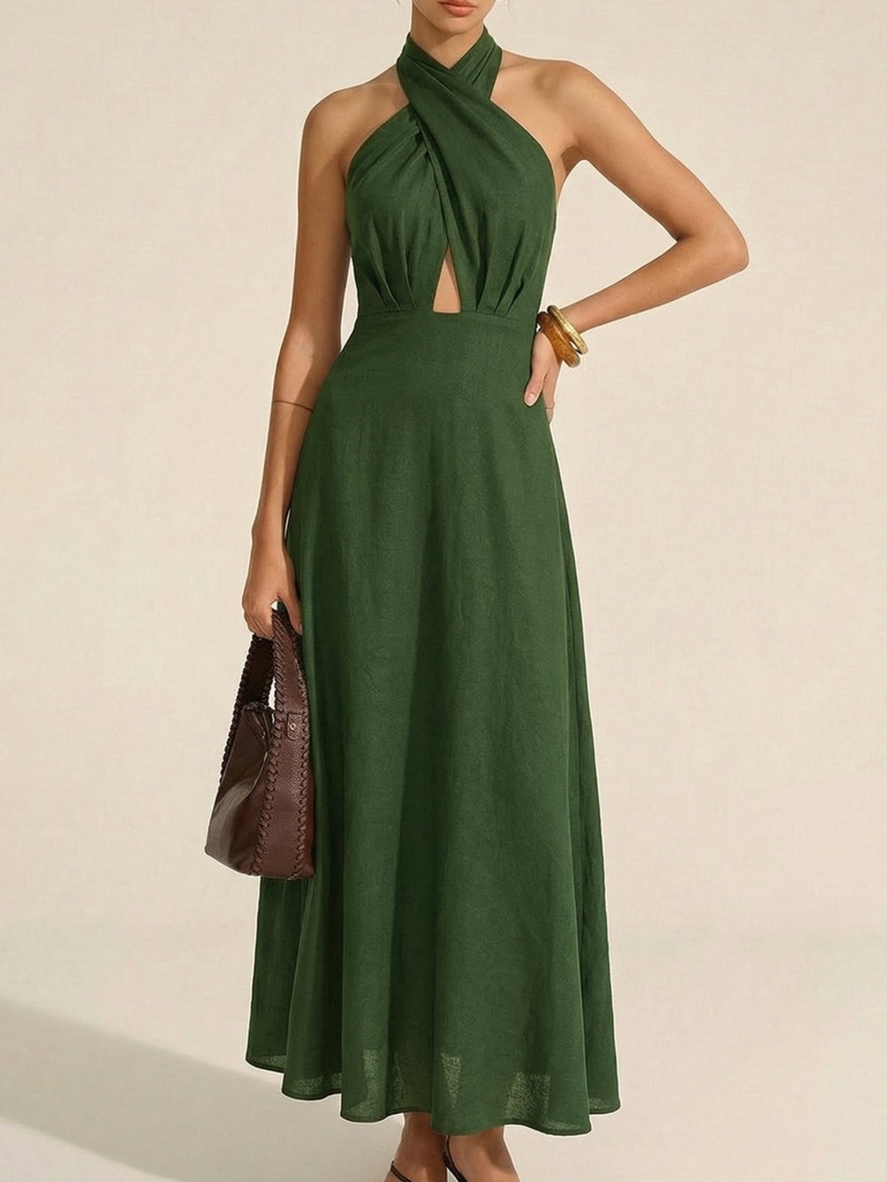 Commense Olive Green Cross-Neck Halter Maxi Dress Size S